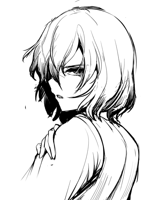 sadahiro (chicken nugget gyuuniku aji), kazami yuuka, touhou, commentary request, 1girl, greyscale, hair between eyes, long bangs, looking at viewer, looking back, monochrome, open mouth, shirt, short hair, solo, upper body, vest, white background