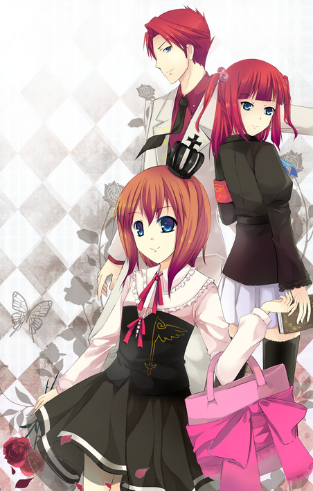 echoayane, ushiromiya ange, ushiromiya battler, ushiromiya maria, umineko no naku koro ni, 00s, 1boy, 2girls, armband, bag, blue eyes, brother and sister, brown hair, bug, butterfly, checkered background, crown, flower, hair bobbles, hair ornament, insect, jacket, lolita fashion, multiple girls, necktie, red hair, ribbon, siblings, skirt, thighhighs, twintails