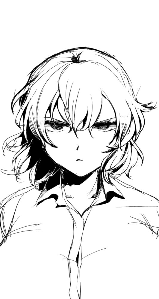 sadahiro (chicken nugget gyuuniku aji), kazami yuuka, touhou, commentary request, 1girl, breasts, collared shirt, greyscale, hair between eyes, large breasts, looking at viewer, monochrome, open mouth, shirt, short hair, simple background, solo, upper body, v-shaped eyebrows