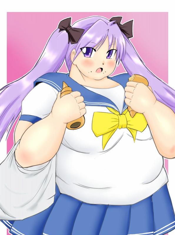 hiiragi kagami, lucky star, 00s, 1girl, bad anatomy, breasts, chocolate cornet, fat, fat woman, female focus, food, large breasts, long hair, poorly drawn, purple eyes, purple hair, solo