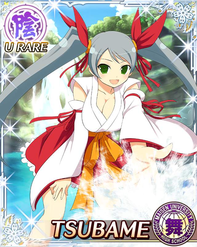 tsubame (senran kagura), senran kagura, senran kagura new wave, game cg, official art, third-party source, 1girl, :d, border, breasts, card (medium), character name, cleavage, detached sleeves, frilled skirt, frills, green eyes, grey hair, hair ribbon, hand on own thigh, japanese clothes, kimono, large breasts, leaning forward, long hair, looking at viewer, open mouth, red ribbon, red skirt, ribbon, skirt, smile, solo, splashing, swept bangs, twintails, very long hair, water, waterfall, white kimono