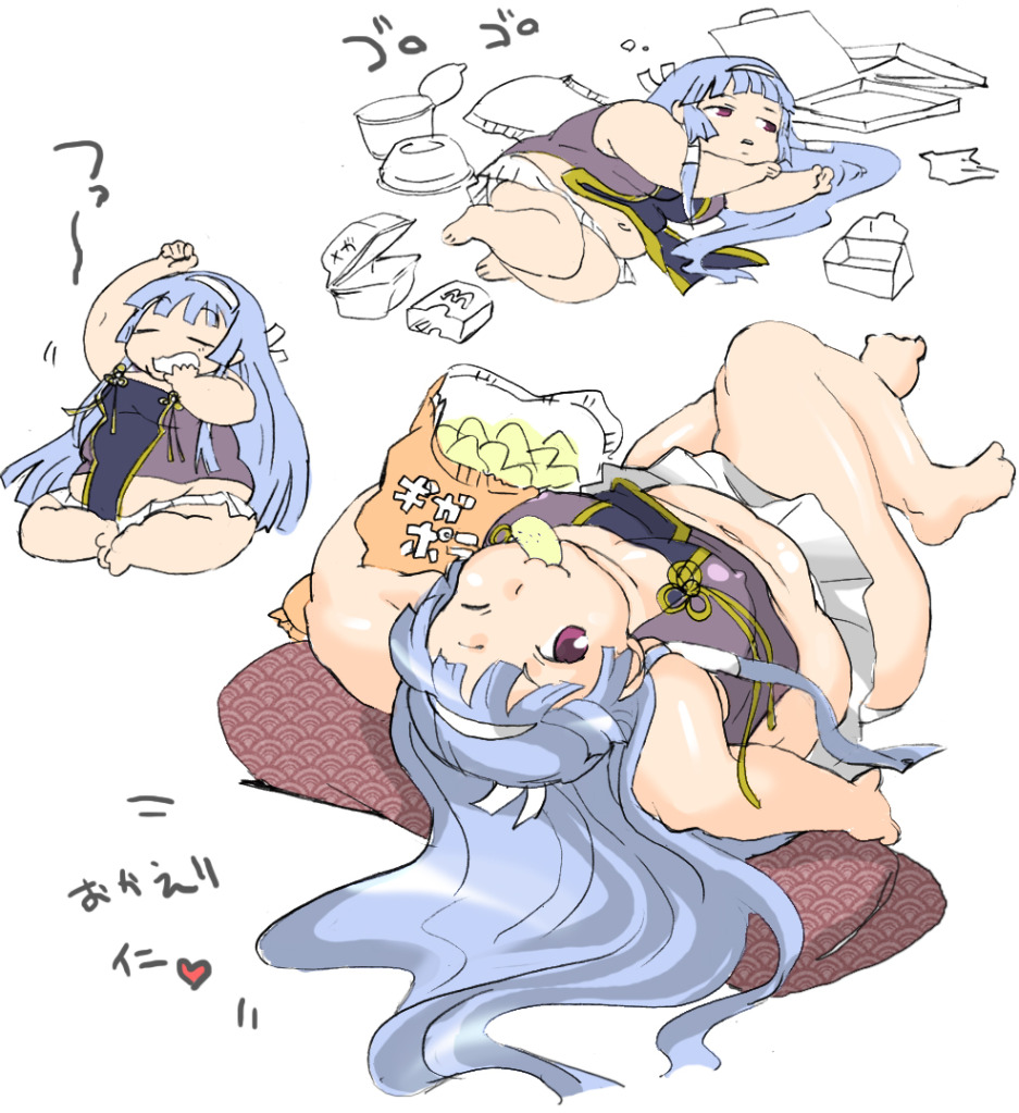 nagi, kannagi, third-party source, 00s, 1girl, bad anatomy, blue hair, blunt bangs, brand name imitation, chips (food), comic, fat, fat woman, flat color, food, gold trim, hime cut, instant cup noodles, instant noodles, multiple views, obese, poorly drawn, potato chips, simple background, white background