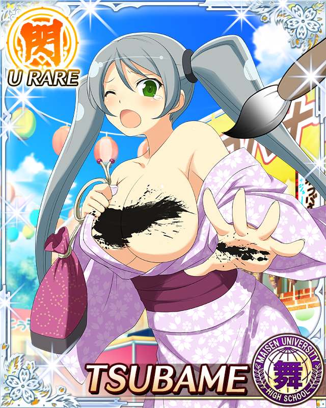 tsubame (senran kagura), senran kagura, senran kagura new wave, game cg, official art, third-party source, 1girl, :o, bag, blue sky, border, breasts, calligraphy brush, card (medium), character name, cleavage, convenient censoring, day, floral print, floral print kimono, green eyes, grey hair, holding, holding bag, ink on breast, japanese clothes, kimono, large breasts, long hair, looking at viewer, no bra, one eye closed, outdoors, paintbrush, print kimono, purple kimono, reaching, reaching towards viewer, sky, solo, summer festival, swept bangs, tearing up, twintails, very long hair