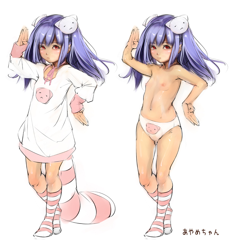 ohigetan, striped legwear, armpits, cat, flat chest, hair ornament, loli, long hair, looking at viewer, nipples, oversized clothes, pajamas, panties, purple hair, red eyes, simple background, smile, socks, topless female, underwear