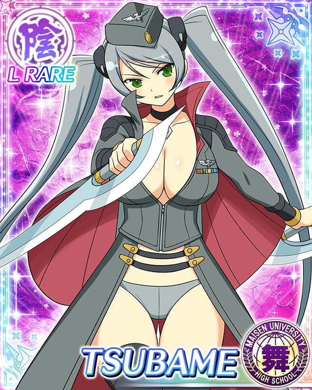 tsubame (senran kagura), senran kagura, senran kagura new wave, game cg, official art, third-party source, 1girl, black choker, black thighhighs, border, breasts, card (medium), character name, choker, cleavage, coat, dual wielding, garrison cap, green eyes, grey coat, grey hair, grey panties, hat, holding, holding sword, holding weapon, large breasts, long hair, looking at viewer, midriff, panties, parted lips, partially unzipped, solo, swept bangs, sword, thighhighs, twintails, underwear, very long hair, weapon