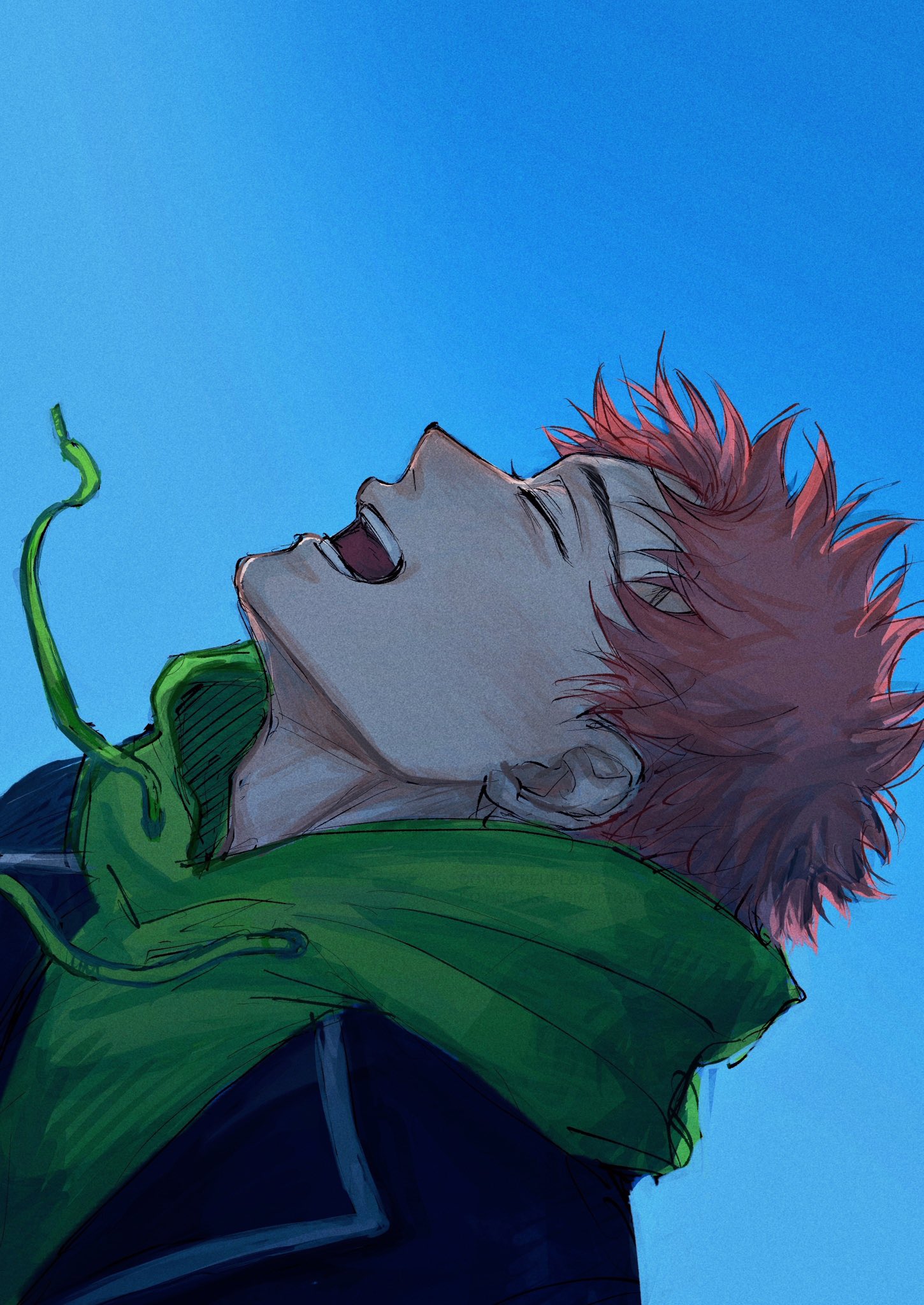 am4 pm4, itadori yuuji, jujutsu kaisen, highres, 1boy, adam's apple, black jacket, blue sky, closed eyes, green hoodie, hood, hoodie, jacket, lapels, male focus, open clothes, open jacket, open mouth, pink hair, profile, short hair, sideways, sky, smile, solo, teeth