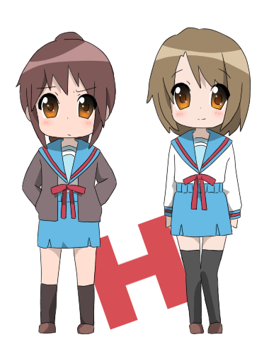 koizumi itsuki (female), kyonko, suzumiya haruhi-chan no yuuutsu, suzumiya haruhi no yuuutsu, artist request, gender request, lowres, 00s, 2girls, chibi, genderswap, multiple girls, school uniform