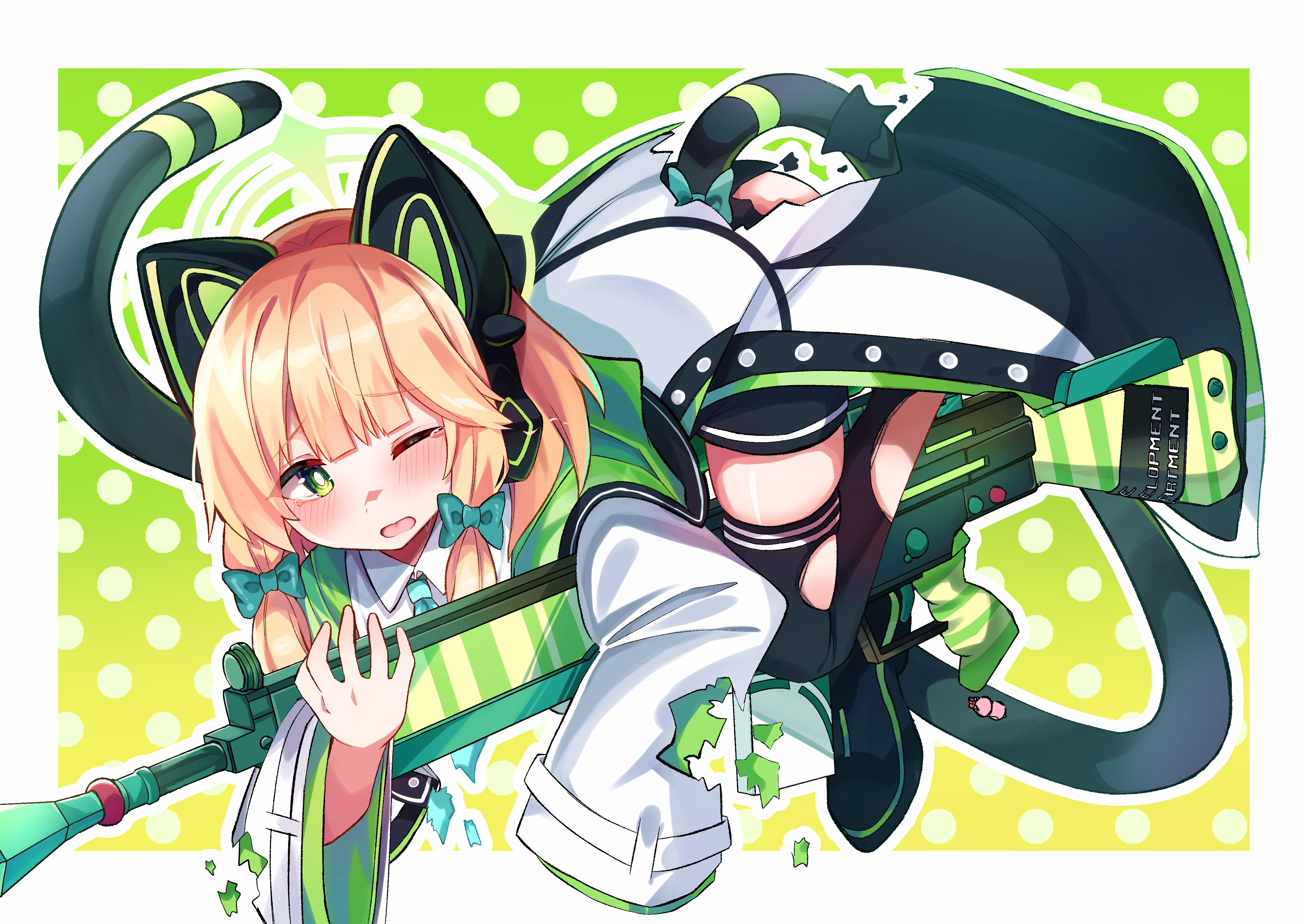 miru purin (cha mochi), midori (blue archive), blue archive, absurdres, commentary request, highres, 1girl, animal ear headphones, animal ears, aqua necktie, battle rifle, black jacket, black shorts, black tail, black thighhighs, blonde hair, blush, border, bow, bright pupils, buttons, cat ear headphones, cat ears, cat tail, collared shirt, fake animal ears, fake tail, full body, furrowed brow, gradient background, green background, green bow, green eyes, green halo, green jacket, gun, h&k g3, hair bow, halo, headphones, holding, holding gun, holding weapon, hood, hood down, hooded jacket, jacket, long sleeves, looking at viewer, low-tied sidelocks, medium hair, multicolored jacket, necktie, one eye closed, open clothes, open jacket, open mouth, outline, outside border, polka dot, polka dot background, rifle, school uniform, shirt, shorts, sidelocks, solo, tail, tail bow, tail ornament, tears, thighhighs, torn clothes, torn jacket, torn necktie, torn shorts, torn sleeves, torn thighhighs, two-sided fabric, two-sided jacket, unbuttoned, weapon, white border, white jacket, white outline, white pupils, white shirt, wide sleeves
