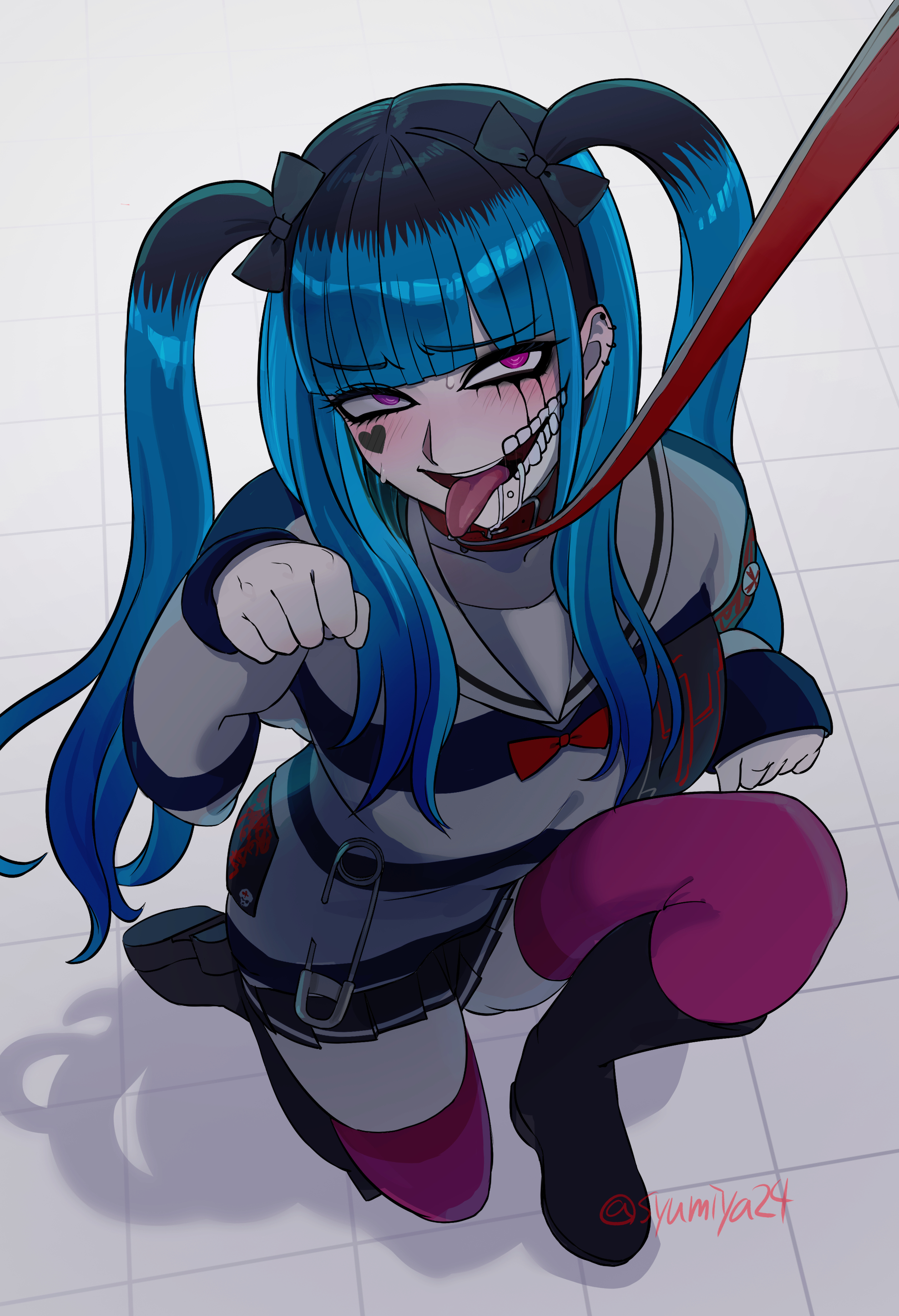 zhu gong, amemiya darumi, the hundred line -last defense academy-, absurdres, commentary request, highres, 1girl, black boots, black hair, black skirt, blue hair, blunt bangs, blush, boots, bow, collarbone, collared shirt, drooling, ear piercing, eyelashes, facepaint, facial mark, heart, heart facial mark, leash, long hair, long sleeves, multicolored hair, on one knee, open mouth, paw pose, piercing, pink eyes, pink thighhighs, red bow, safety pin, sailor collar, saliva, shirt, sidelocks, skirt, smile, solo, striped clothes, striped shirt, teeth, thighhighs, tongue, tongue out, twintails, two-tone hair, upper teeth only, white sailor collar