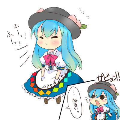 oni-san, hinanawi tenshi, touhou, lowres, 1girl, blue hair, chibi, comic, female focus, food, fruit, hat, long hair, peach, solo, standing, white background