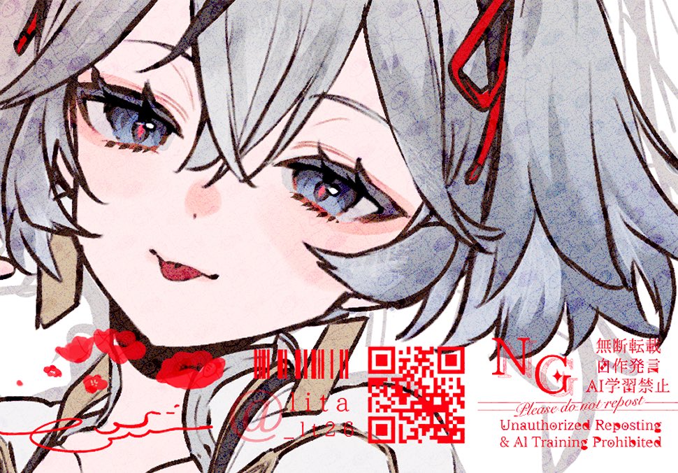 lt26, camellya (wuthering waves), wuthering waves, adversarial noise, commentary request, 1girl, :p, earrings, gold earrings, grey eyes, grey hair, hair between eyes, jewelry, lipstick mark, looking at viewer, qr code, red pupils, short hair, solo, tongue, tongue out, watermark