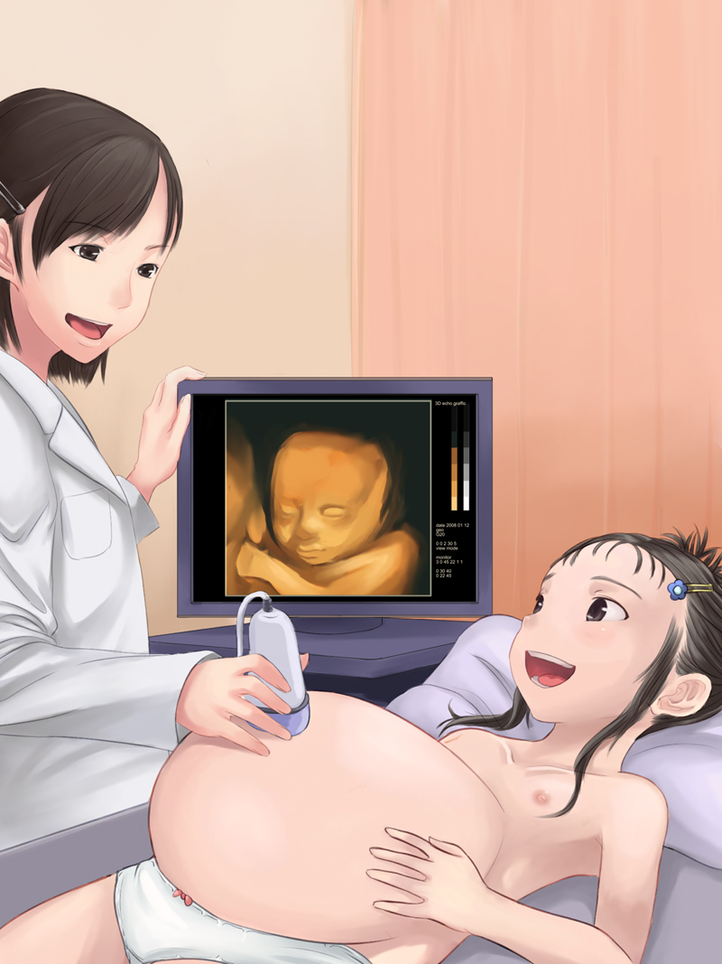 myu-po, original, 2girls, armpits, collarbone, doctor, examination, eye contact, flat chest, flower, hair ornament, hairclip, happy, loli, looking at another, lying, multiple girls, nipples, on back, open mouth, panties, physical examination, pillow, pregnant, smile, topless female, ultrasound, underwear, underwear only, white panties