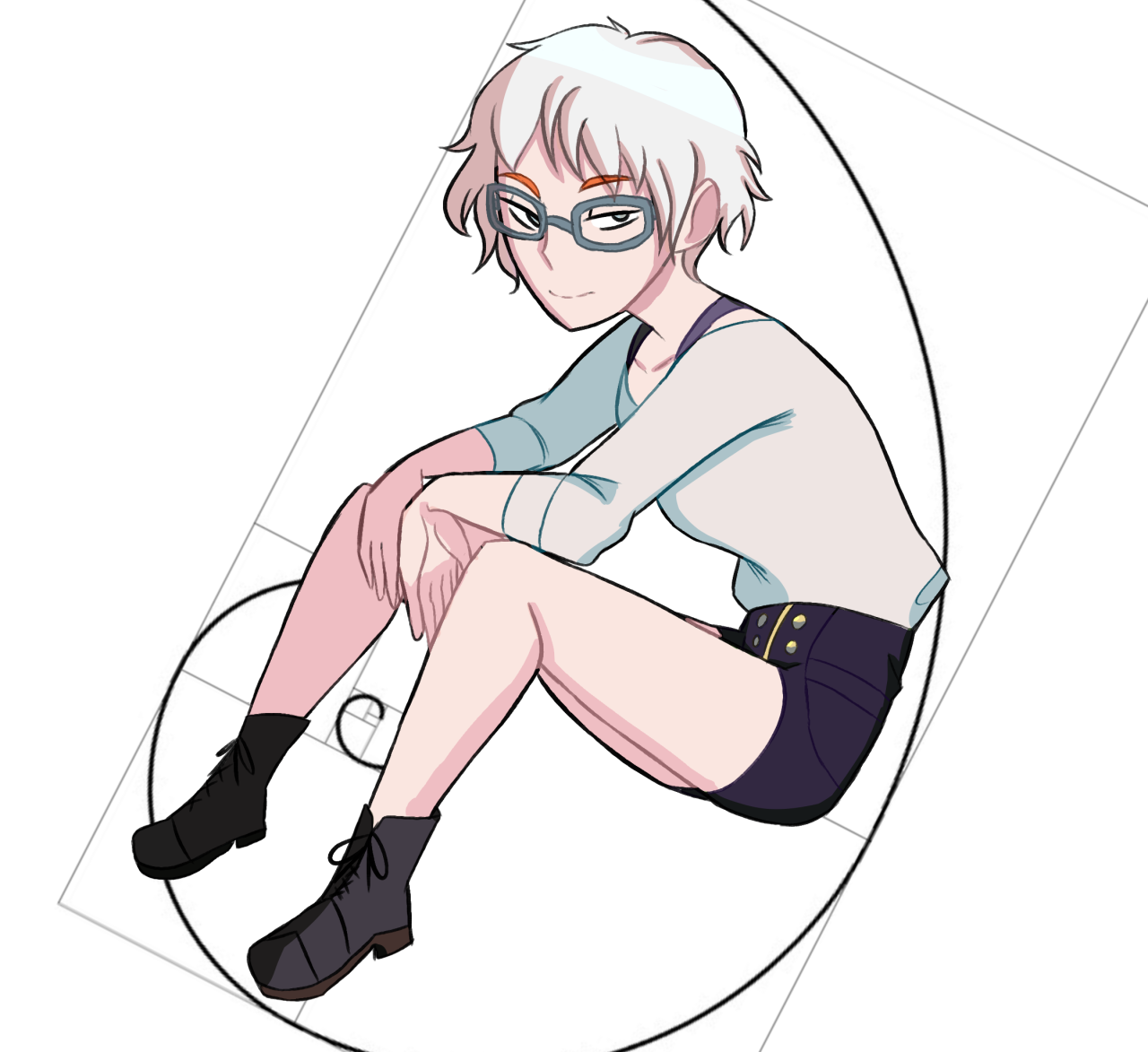 dv9l, phi (kyokugen dasshutsu), kyokugen dasshutsu, zero escape: toki no dilemma, commentary, english commentary, 1girl, black boots, black shorts, blue-framed eyewear, blue eyes, boots, closed mouth, collared shirt, full body, glasses, golden spiral, long sleeves, mismatched eyebrows, shirt, shoelaces, short hair, shorts, simple background, sitting, smile, solo, very short hair, white background, white hair, white shirt