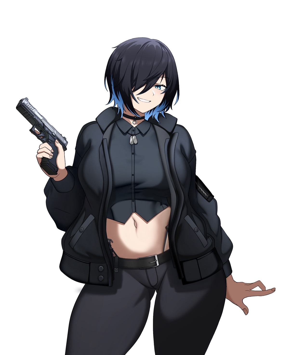 cero (last2stage), original, commentary, commission, english commentary, highres, 1girl, belt, black belt, black choker, black hair, black jacket, black pants, black shirt, blue eyes, blue hair, breasts, choker, collared shirt, crop top, dog tags, eyelashes, fingernails, glock, gun, hair over one eye, handgun, holding, holding gun, holding weapon, jacket, large breasts, long sleeves, midriff, multicolored hair, navel, open clothes, open jacket, pants, shirt, short hair, simple background, smile, solo, strike industries strike100, two-tone hair, weapon, white background