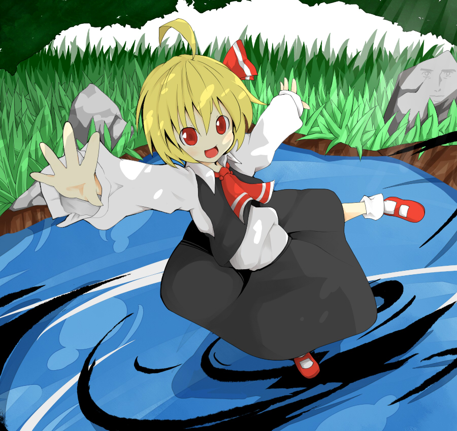 nanairo neru, abe takakazu, rumia, embodiment of scarlet devil, kuso miso technique, touhou, bad id, bad pixiv id, 1girl, ahoge, blonde hair, female focus, hair ribbon, nature, outdoors, outstretched arms, red eyes, ribbon, solo, spread arms, water, when you see it, yaranaika