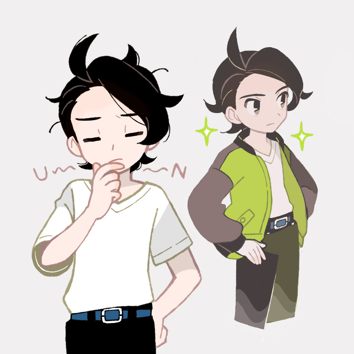 tanba (tanba-art), paxton (pokemon), nintendo, pokemon, pokemon legends: z-a, highres, 1boy, belt, black eyes, black hair, black pants, blue belt, closed eyes, cropped legs, green jacket, grey background, hands on own hips, jacket, male focus, multiple views, pants, shirt, short hair, simple background, thinking, white shirt