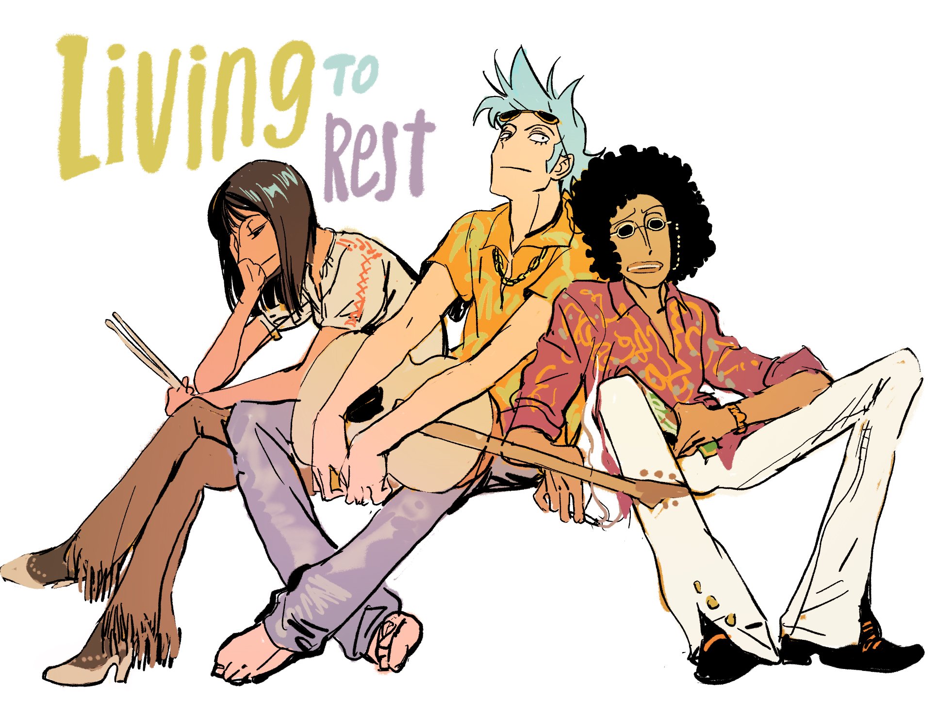 ylsjnfsd, brook (one piece), franky (one piece), nico robin, one piece, hashtag-only commentary, highres, 1girl, 2boys, afro, aged down, alternate costume, barefoot, black hair, brown hair, chain, chain necklace, cigarette, closed eyes, closed mouth, collared shirt, crossed ankles, crossed legs, drumsticks, english text, eyewear on head, guitar, hand on own cheek, hand on own face, high heels, holding, holding cigarette, holding drumsticks, instrument, invisible chair, jewelry, knees apart feet together, leaning forward, lips, looking at viewer, medium hair, multiple boys, necklace, pants, parted lips, raised eyebrow, shirt, shoes, short hair, short sleeves, simple background, sitting, sleeves rolled up, smoke, sunglasses, tan, toes