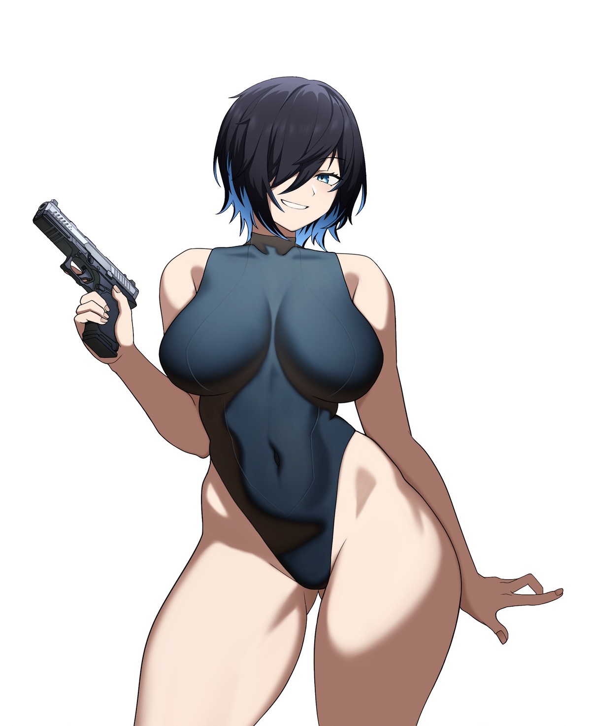 cero (last2stage), original, commentary, commission, english commentary, highres, 1girl, black hair, black one-piece swimsuit, blue eyes, blue hair, breasts, covered navel, curvy, eyelashes, fingernails, glock, gluteal fold, gun, hair over one eye, handgun, highleg, highleg one-piece swimsuit, holding, holding gun, holding weapon, large breasts, multicolored hair, one-piece swimsuit, short hair, simple background, smile, solo, strike industries strike100, swimsuit, two-tone hair, weapon, white background, wide hips