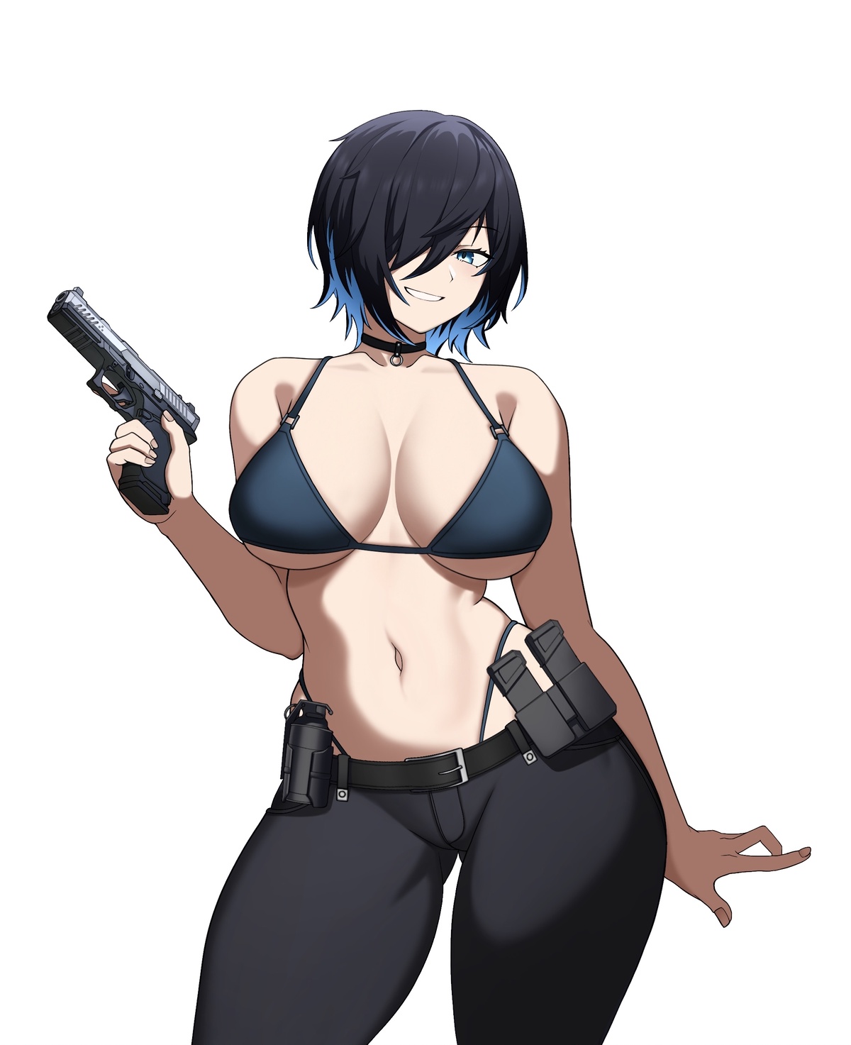 cero (last2stage), original, commentary, commission, english commentary, highres, 1girl, belt, bikini, bikini top only, black belt, black bikini, black choker, black hair, black pants, blue eyes, blue hair, breasts, choker, eyelashes, fingernails, glock, gun, hair over one eye, handgun, holding, holding gun, holding weapon, large breasts, multicolored hair, navel, pants, short hair, simple background, smile, solo, stomach, strike industries strike100, swimsuit, two-tone hair, weapon, white background