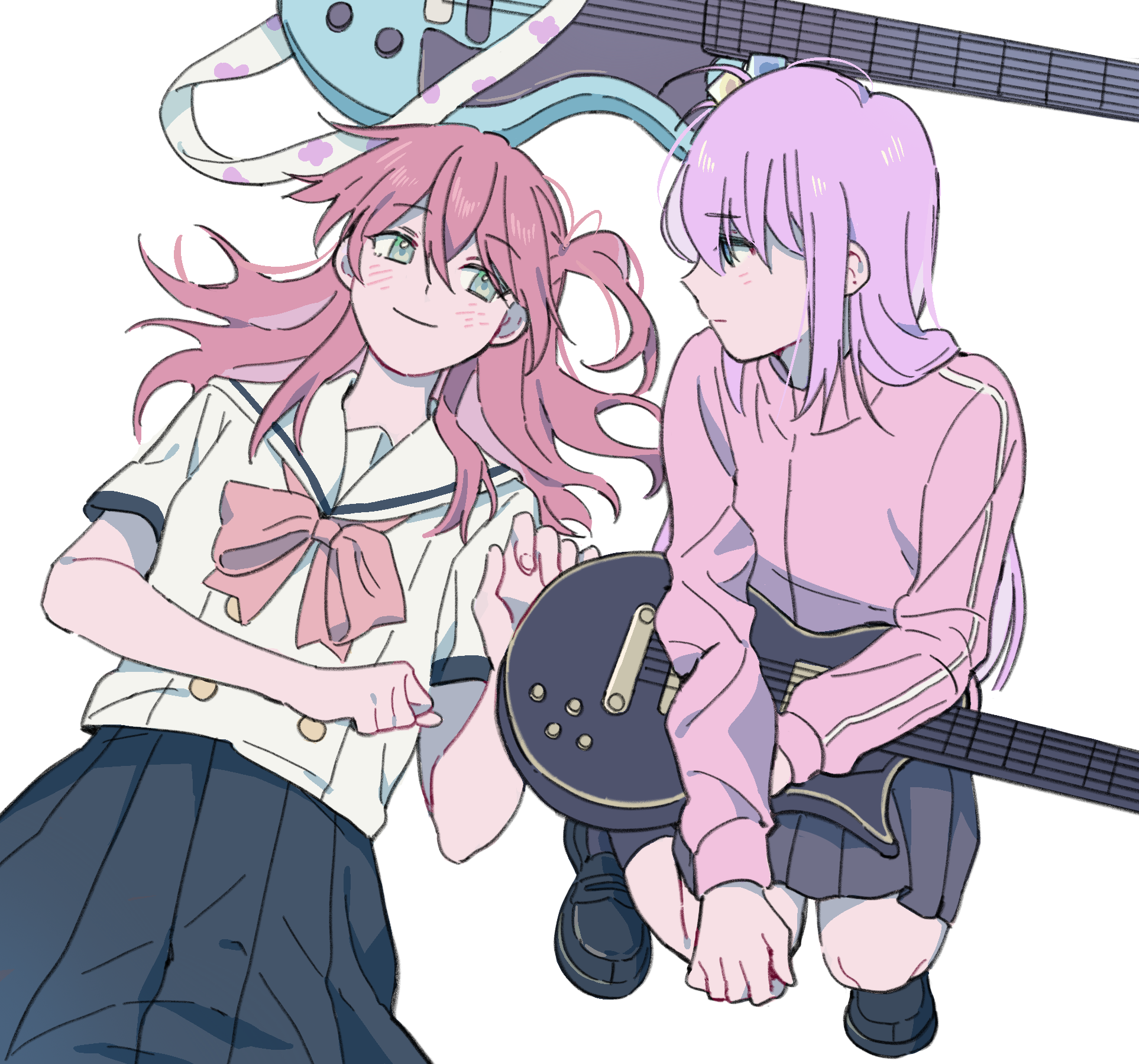 purecyan, gotoh hitori, kita ikuyo, bocchi the rock!, commentary, highres, 2girls, black shoes, black skirt, blue eyes, electric guitar, eye contact, gibson les paul, green eyes, guitar, guitar strap, holding, holding instrument, instrument, jacket, light blush, long hair, looking at another, lying, multiple girls, on back, pink hair, pink jacket, pleated skirt, red hair, red ribbon, ribbon, school uniform, shoes, skirt, squatting, white background
