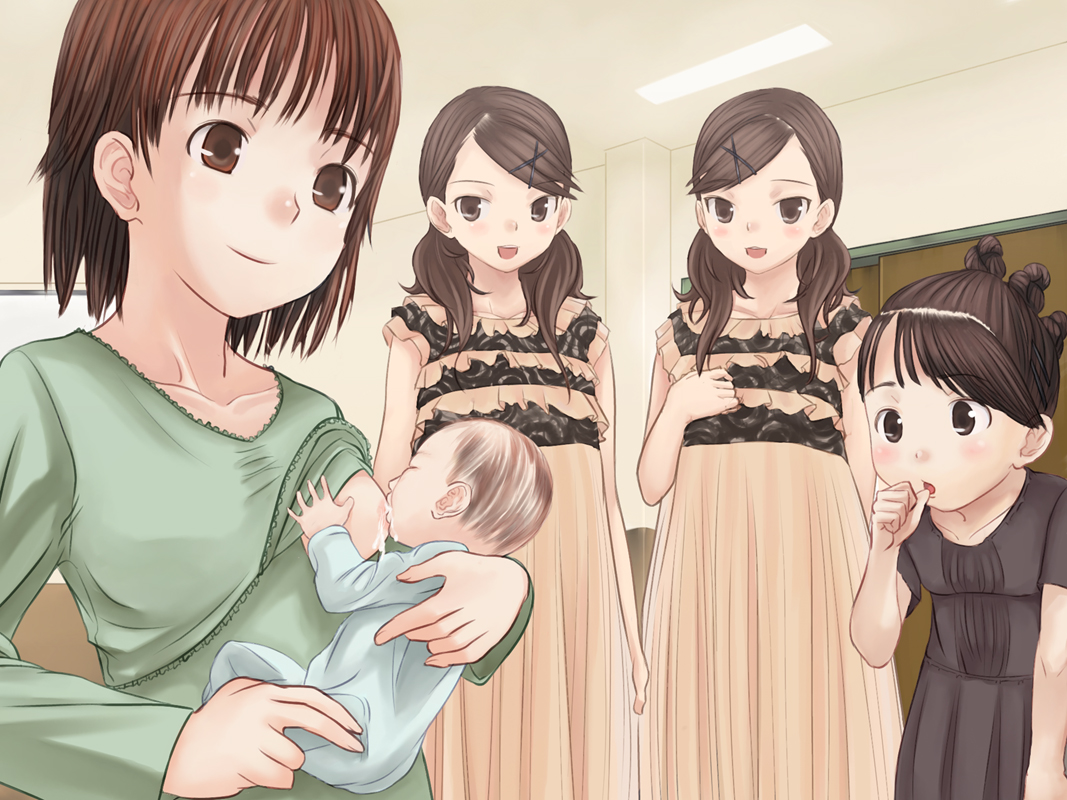 myu-po, 4girls, baby, breast sucking, breastfeeding, breasts, dress, flat chest, hair ornament, hairclip, happy, lactation, loli, long hair, multiple girls, nursing clothes, pregnant, siblings, sisters, smile, twins