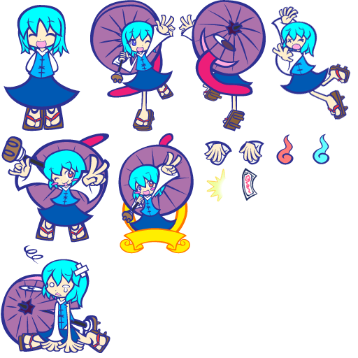 y&k, tatara kogasa, madou monogatari, puyopuyo, puyopuyo fever, touhou, 1girl, :p, blue eyes, blue hair, female focus, flat color, geta, heterochromia, karakasa obake, one eye closed, parody, red eyes, sandals, short hair, style parody, tears, tongue, tongue out, transparent background, umbrella, v, wink