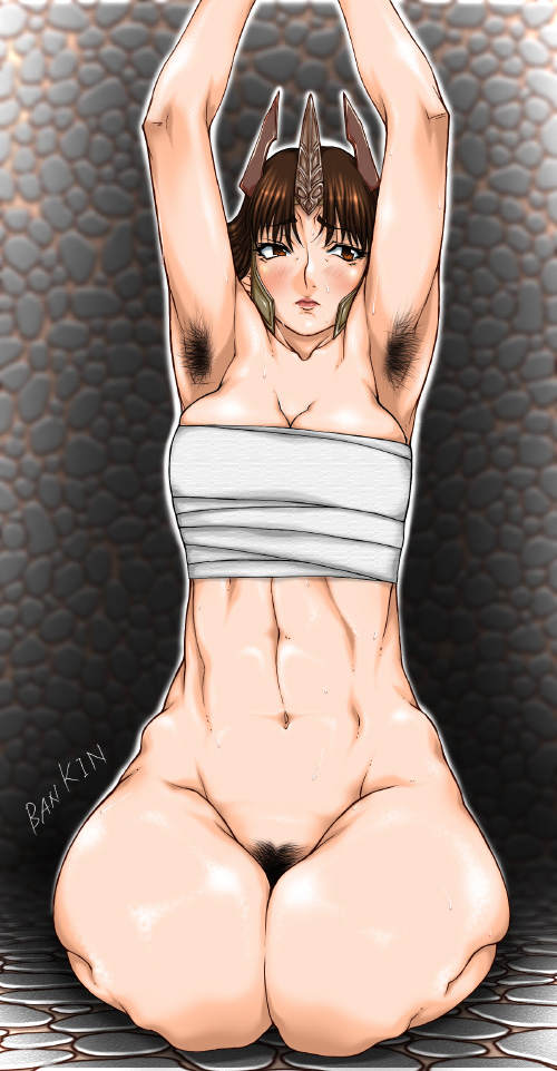 bankin, tachibana ginchiyo (sengoku musou), sengoku musou, sengoku musou 2, 1girl, armpit hair, armpits, blush, breasts, brown eyes, brown hair, cleavage, crown, female focus, female pubic hair, pubic hair, sarashi, short hair, solo, sweat