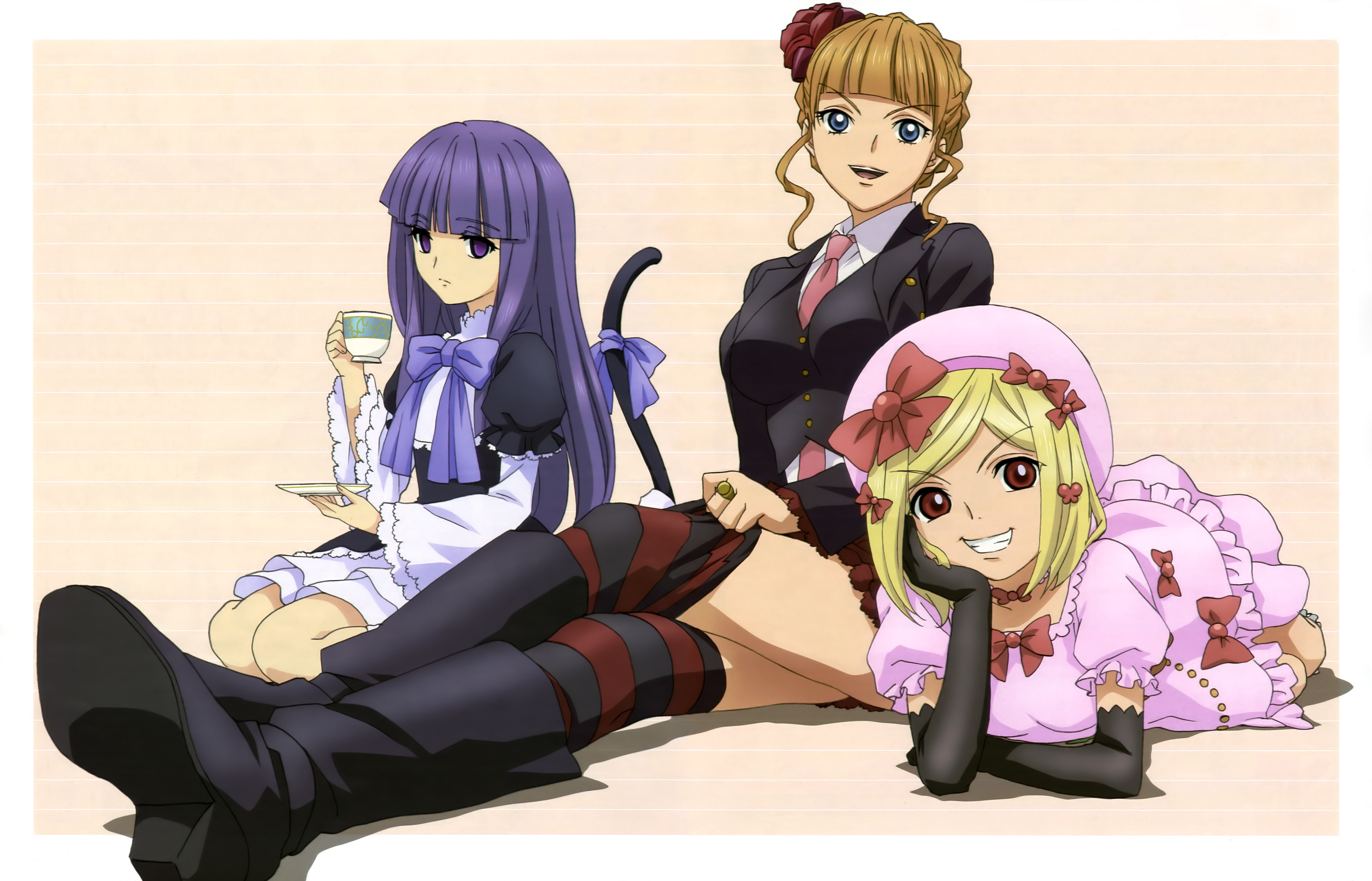 kikuchi youko, beatrice (umineko), frederica bernkastel, lambdadelta, umineko no naku koro ni, striped legwear, absurdres, detexted, highres, non-web source, official art, third-party edit, 00s, 3girls, blonde hair, blue eyes, boots, bow, brown hair, cup, dress, drink, elbow gloves, flower, gloves, goth fashion, gothic lolita, grin, hat, lolita fashion, long hair, multiple girls, necktie, open mouth, pink hat, purple eyes, purple hair, red eyes, rose, short hair, skirt, smile, striped clothes, striped thighhighs, tail, tea, teacup, teeth, thighhighs, very long hair