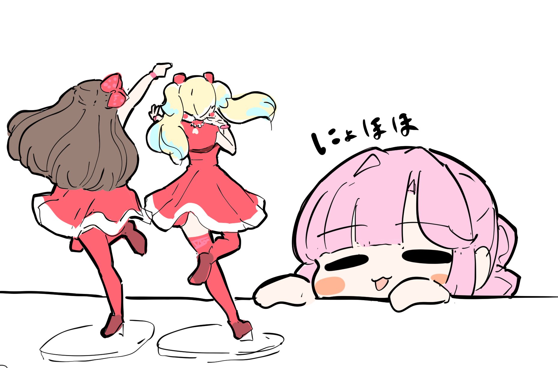 tazaki masanobu, anyoji hime, fujishima megumi, osawa rurino, link! like! love live!, love live!, highres, translation request, 1girl, :3, :d, arm up, blonde hair, blush stickers, brown hair, closed eyes, do! do! do! (love live!), dress, figure, hair intakes, leg up, long hair, mira-cra park!, official alternate costume, open mouth, pink hair, red dress, red thighhighs, short dress, sidelocks, sleeveless, sleeveless dress, smile, solo, thighhighs, twintails, two side up, virtual youtuber