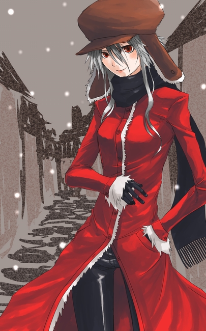 en (artist), hinomoto madoka, original, bad id, bad pixiv id, 1girl, black gloves, black pants, coat, earflap hat, female focus, fur hat, fur trim, gloves, grey hair, hand in pocket, hat, jacket, leather, long coat, pants, red coat, red eyes, red jacket, scarf, snow, solo, standing, white hair
