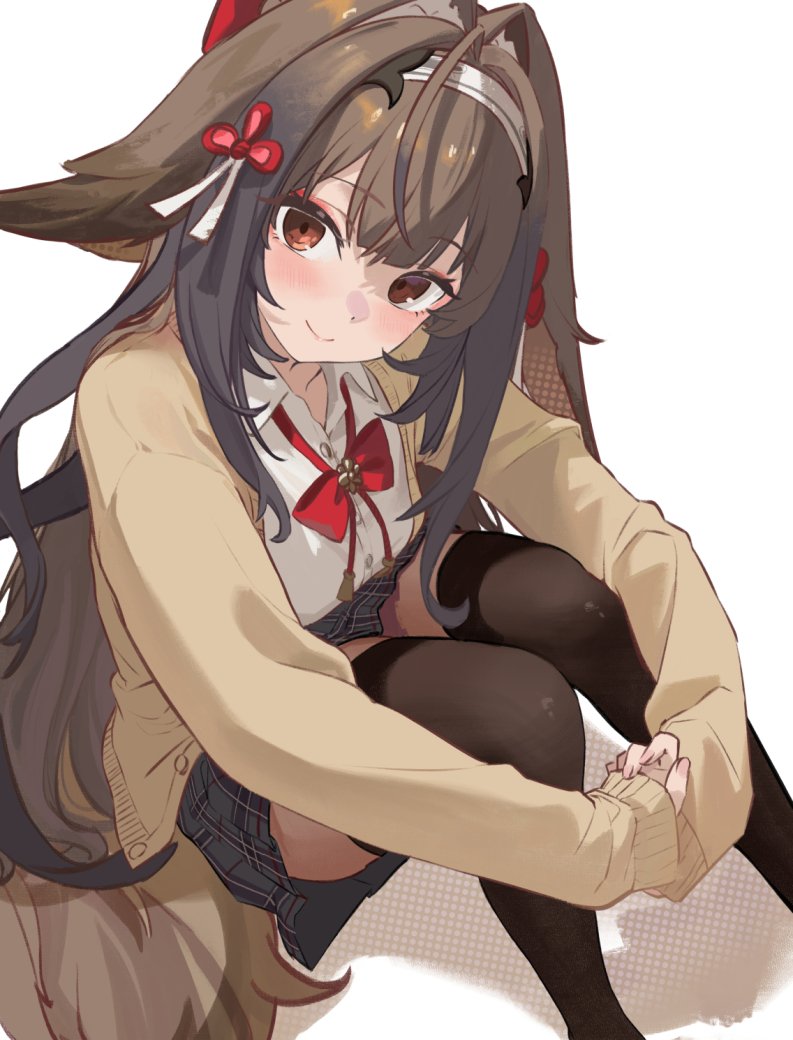 ye shunguang, zenless zone zero, commentary, english commentary, revision, 1girl, alternate costume, black skirt, blush, bow, breasts, brown cardigan, brown thighhighs, cardigan, chest bow, closed mouth, collarbone, droopy ears, feet out of frame, from above, hair intakes, hairband, knees up, looking at viewer, mashaer1548298, medium breasts, open clothes, red bow, red eyes, shadow, shirt, simple background, sitting, skirt, smile, solo, thighhighs, white background, white hairband, white shirt