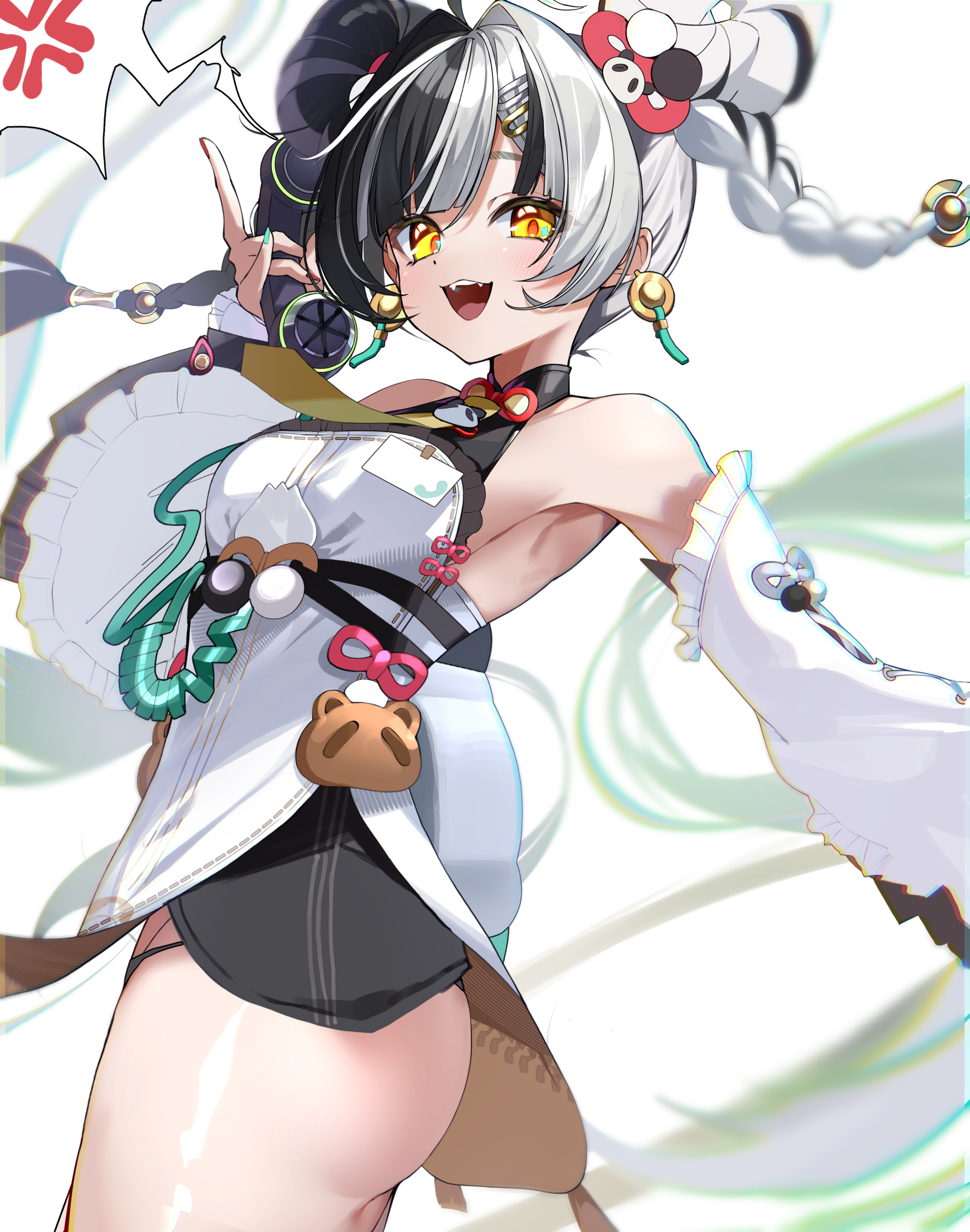 kamiya mitobe, dialyn (zenless zone zero), zenless zone zero, highres, 1girl, animal print, bare shoulders, bear print, black hair, braid, braided twintails, chakram, china dress, chinese clothes, corded phone, detached sleeves, dress, earrings, hair extensions, hair ornament, jewelry, long hair, multicolored hair, multicolored nails, necktie, open mouth, panda hair ornament, panda print, phone, ring hair extensions, solo, split-color hair, weapon, white hair, wire, yellow eyes, yellow necktie