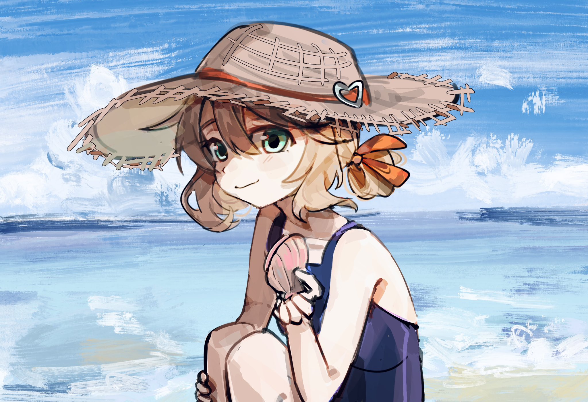 neuro-sama, hashtag-only commentary, highres, 1girl, ame0, blue eyes, blue one-piece swimsuit, brown hair, from side, hair between eyes, hair ribbon, hair rings, hat, looking at viewer, medium hair, one-piece swimsuit, outdoors, red ribbon, ribbon, solo, straw hat, swimsuit, vedal ai, virtual youtuber