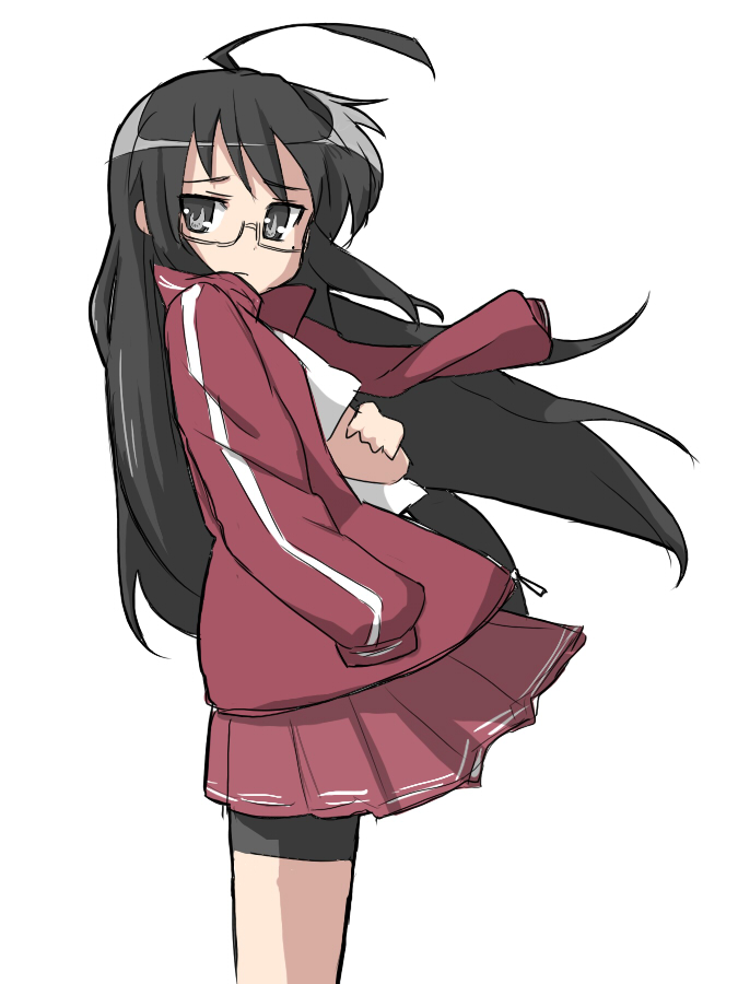 suzumiya annko, izumi konata, kurokona, lucky star, bad id, bad pixiv id, 00s, 1girl, ahoge, bike shorts, black eyes, black hair, crossed arms, female focus, glasses, jacket, long hair, mole, mole under eye, solo