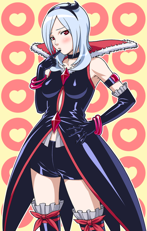 ichikawa masahiro, eas (fresh precure!), higashi setsuna, fresh precure!, precure, black neckwear, silver hair, 00s, 1girl, black shorts, bracelet, choker, dress, elbow gloves, female focus, gloves, hairband, jewelry, latex, latex dress, latex gloves, red eyes, shorts, solo, thighhighs, zettai ryouiki