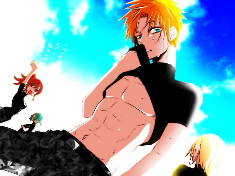 higyaku no noel, commentary request, translation request, 1girl, 3boys, abs, aged down, akashi (pixiv user 1342337), belt, black belt, black shirt, blonde hair, blue eyes, blue hair, blue sky, camouflage, camouflage pants, clothes lift, lifting own clothes, looking at viewer, luca (higyaku no noel), male focus, multiple boys, navel, nero (higyaku no noel), no nipples, nola (higyaku no noel), orange hair, pants, pectorals, ponytail, red hair, ribelio strada, shirt, shirt lift, short hair, sky, solo focus, sweat, sweater, teeth, toned, toned male, turtleneck, turtleneck sweater, wiping sweat