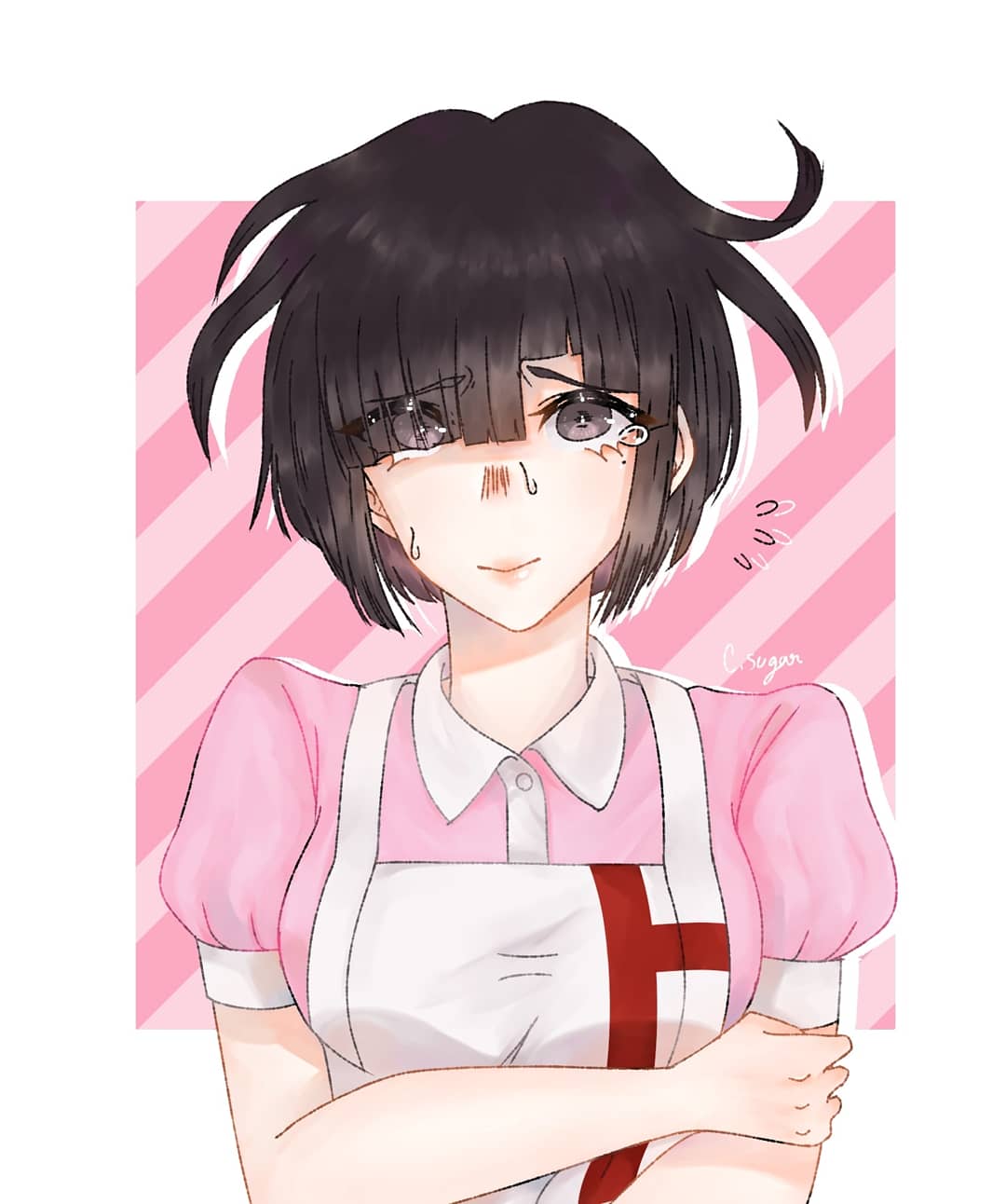 chouxsugar, tsumiki mikan, danganronpa (series), danganronpa 2: goodbye despair, commentary, english commentary, highres, 1girl, alternate hair length, alternate hairstyle, apron, black hair, closed mouth, collared shirt, eyelashes, flying sweatdrops, hand on own arm, lips, mole, mole under eye, pink shirt, puffy short sleeves, puffy sleeves, purple eyes, shirt, short hair, short sleeves, signature, sweat, tearing up, upper body, white apron