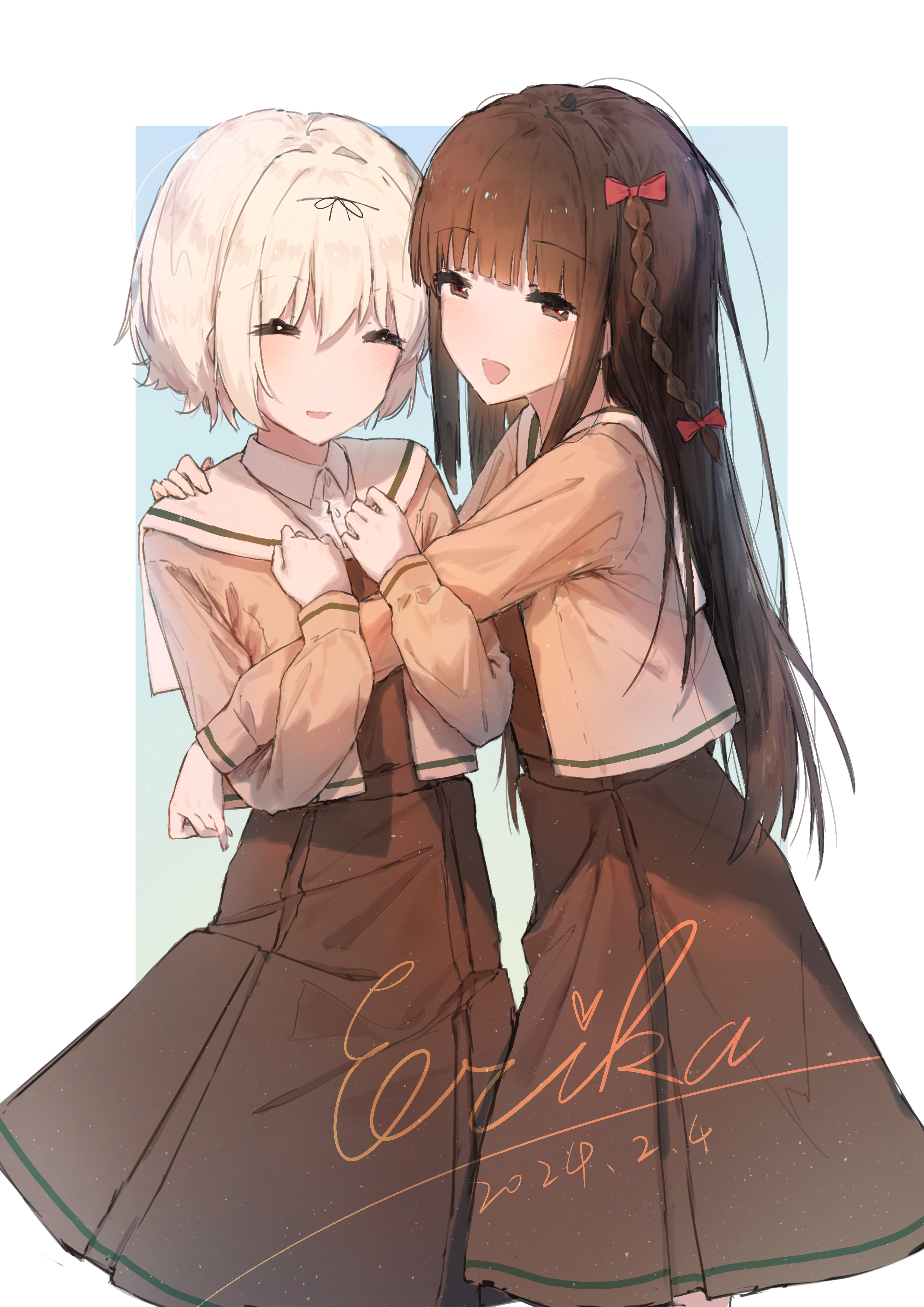 erika (user spth3377), hanamura hinako, sezaki airi, kitanai kimi ga ichiban kawaii, absurdres, commentary, highres, symbol-only commentary, 2girls, black hair, border, bow, braid, brown dress, brown eyes, closed eyes, dated, dress, hair bow, hair ribbon, hug, long hair, long sleeves, multiple girls, open mouth, outside border, pinafore dress, red bow, ribbon, school uniform, shirt, short hair, side braids, signature, sleeveless, sleeveless dress, white border, white hair, white shirt, yuri