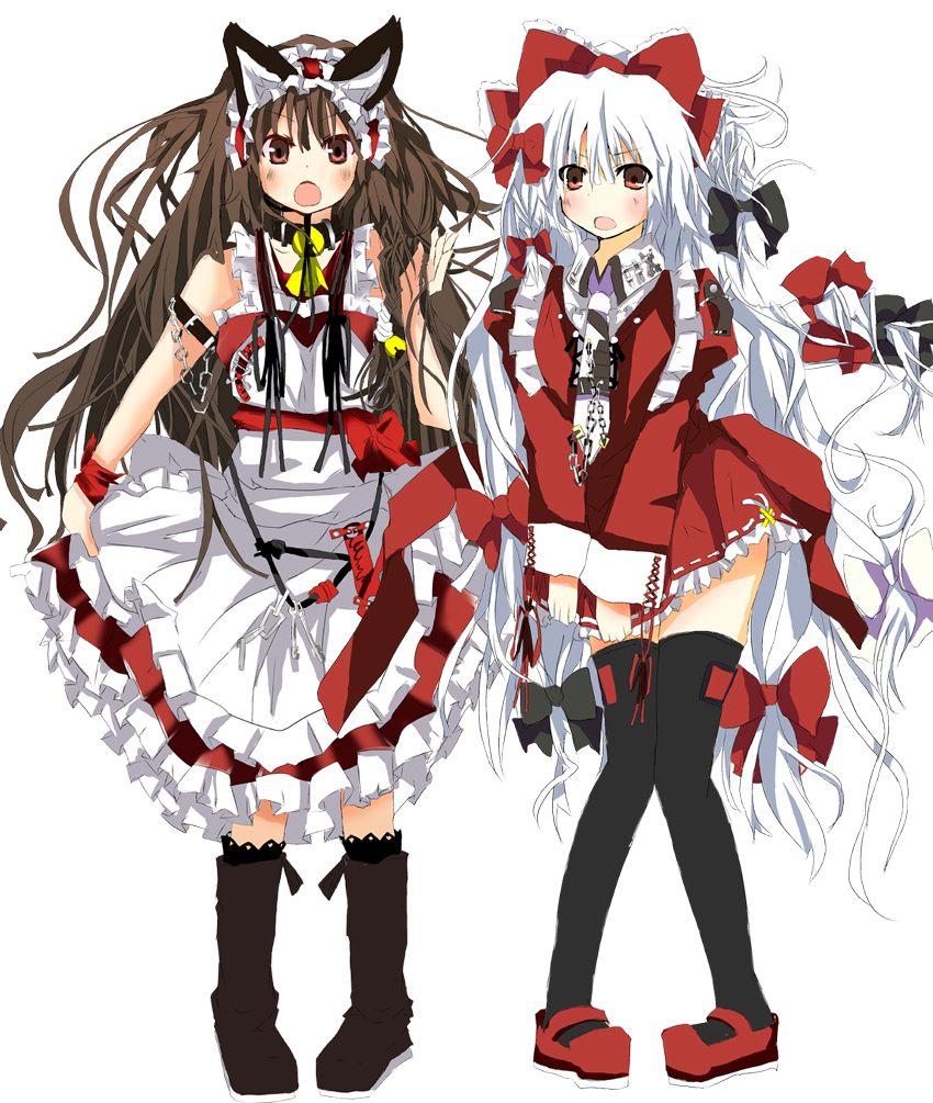 matsushita yuu, fujiwara no mokou, houraisan kaguya, touhou, bad id, bad pixiv id, 2girls, animal ears, blush, bow, brown hair, cat ears, cat girl, female focus, frills, full body, long hair, maid, multiple girls, red eyes, thighhighs, very long hair, white background, white hair