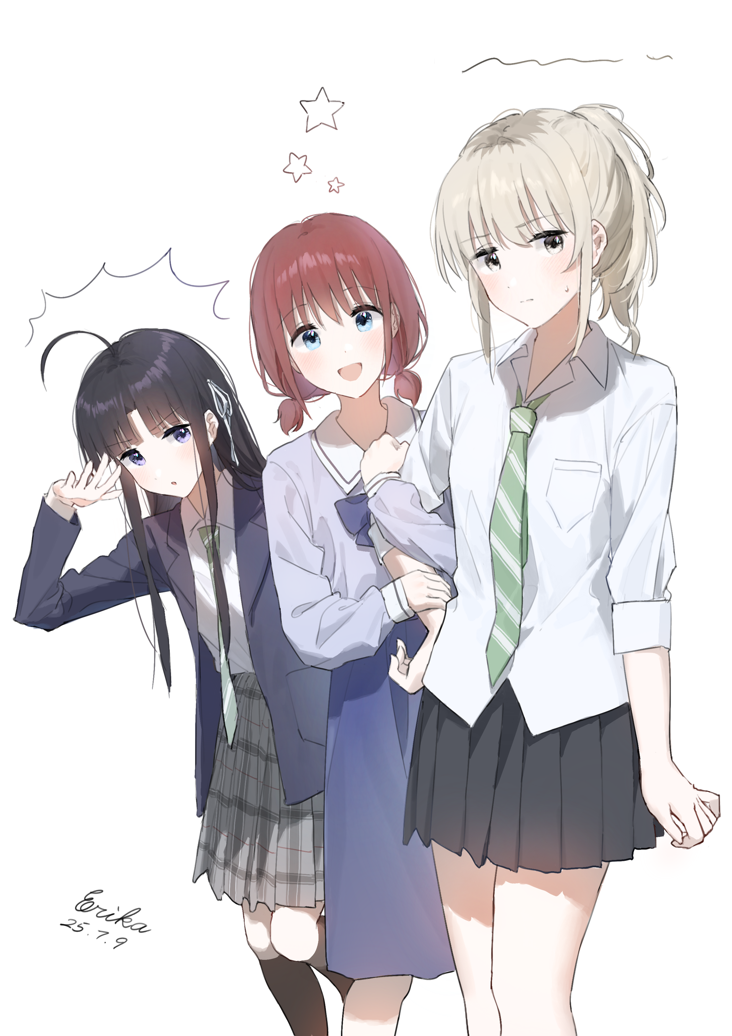 erika (user spth3377), awa subaru, iseri nina, kawaragi momoka, girls band cry, absurdres, chinese commentary, commentary request, highres, 3girls, ahoge, arm hug, black hair, black skirt, black socks, blue bow, blue bowtie, blue eyes, blue jacket, blue shirt, blue skirt, bow, bowtie, brown hair, diagonal-striped clothes, diagonal-striped necktie, green necktie, grey eyes, grey hair, grey skirt, hand up, jacket, kneehighs, low twintails, multicolored hair, multiple girls, necktie, parted bangs, plaid clothes, plaid skirt, pleated skirt, ponytail, roots (hair), school uniform, shirt, short hair, short twintails, simple background, skirt, socks, striped clothes, swimsuit, twintails, white background, white shirt