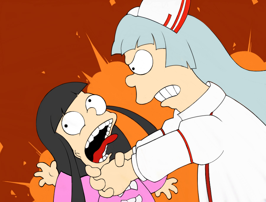 kakaaru, bart simpson, fujiwara no mokou, homer simpson, houraisan kaguya, the simpsons, touhou, silver hair, bad id, bad pixiv id, 2girls, angry, asphyxiation, black hair, female focus, hair ribbon, multiple girls, parody, ribbon, rivalry, strangling, style parody, teeth, tongue, toon (style)