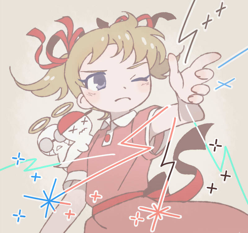 tanba (tanba-art), ana (mother), lloyd (mother), ninten, mother (series), mother 1, nintendo, 1girl, blush, casting spell, crying, dress, frown, ghost, halo, one eye closed, pink dress, red ribbon, ribbon, round eyewear, short hair, streaming tears, tears, traditional halo, x x