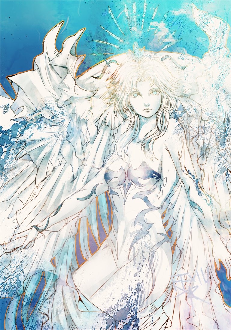 ruka (blueplus84), hydaelyn, final fantasy, final fantasy xiv, 1girl, blue eyes, breasts, closed mouth, colored skin, copyright name, curtained hair, frown, holding, holding sword, holding weapon, long hair, medium breasts, no pupils, solo, sword, weapon, white hair, white skin