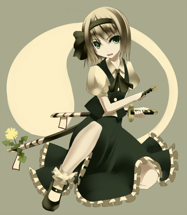 kureha (ironika), konpaku youmu, konpaku youmu (ghost), kureha, touhou, silver hair, 1girl, female focus, flower, full body, ghost, green eyes, hairband, katana, plant, short hair, simple background, skirt, solo, sword, weapon