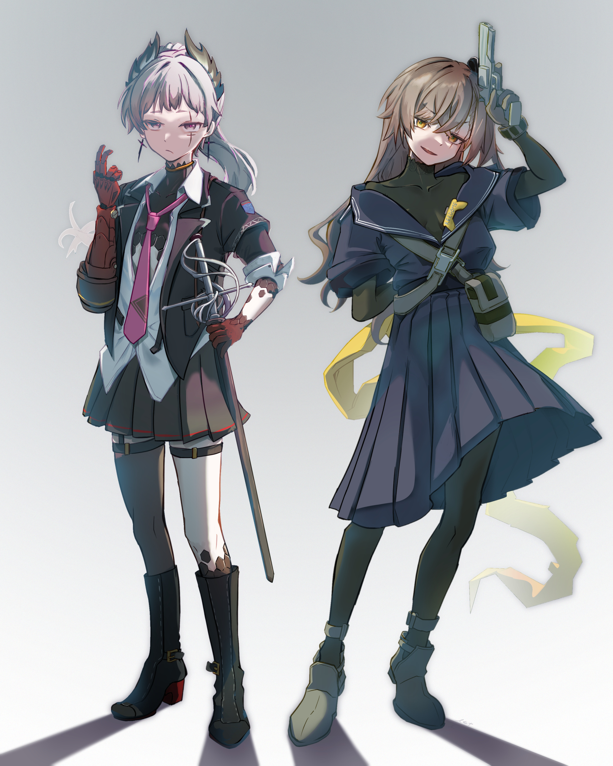 lotan, irene (arknights), leva (girls' frontline 2), ump45 (girls' frontline), arknights, girls' frontline, girls' frontline 2: exilium, absurdres, highres, 2girls, brown hair, cosplay, cross, cross earrings, crossover, earrings, flat chest, gun, handgun, irene (arknights) (cosplay), jewelry, multiple girls, necktie, scar, scar across eye, scar on face, skirt, sword, ump45 (girls' frontline) (cosplay), weapon, white hair