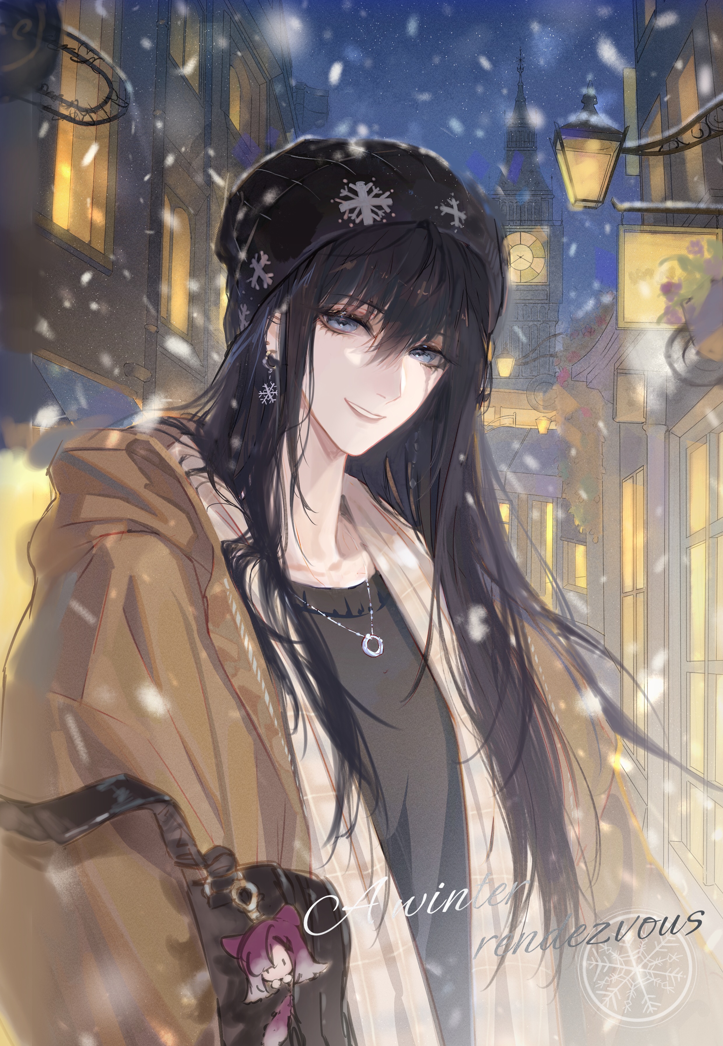 luori dianxin, rahu (path to nowhere), shalom (path to nowhere), path to nowhere, absurdres, chinese commentary, commentary request, highres, 1girl, bag, beanie, black bag, black hair, black hat, blue eyes, brown coat, character charm, charm (object), clock, clock tower, coat, earrings, flower basket, hair between eyes, hat, holding, holding bag, jewelry, lamppost, long hair, looking at viewer, necklace, night, open clothes, open coat, outdoors, parted lips, sign, smile, snowflake earrings, snowflake print, snowing, solo, tower, town, upper body