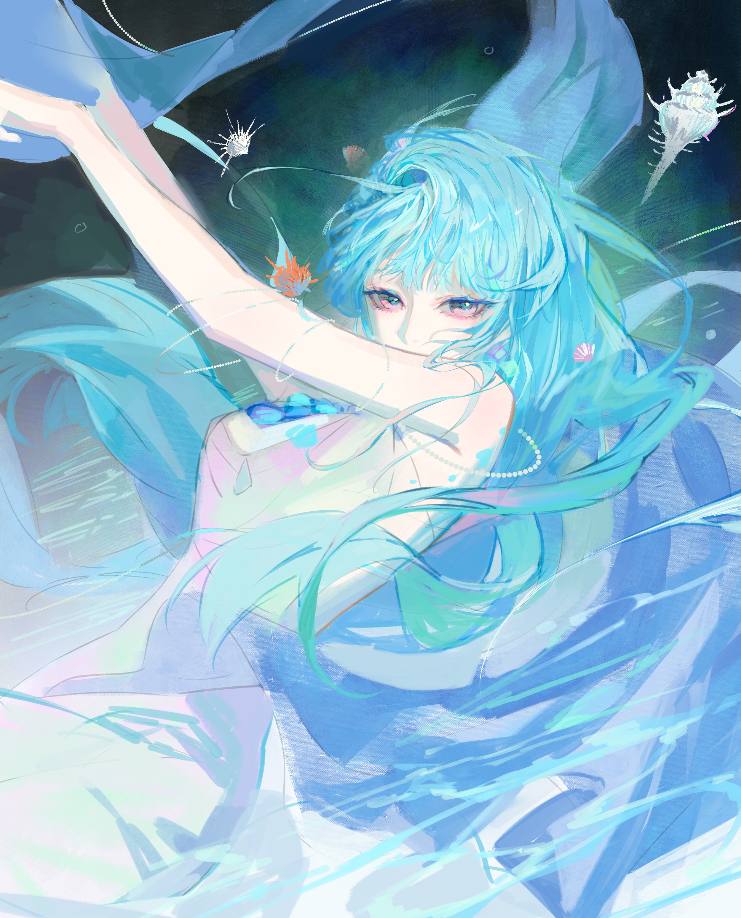 luori dianxin, path to nowhere, absurdres, commentary, highres, symbol-only commentary, 1girl, beads, blue hair, breasts, conch, covered mouth, dress, long hair, looking at viewer, medium breasts, pink eyes, solo, very long hair, water, white dress