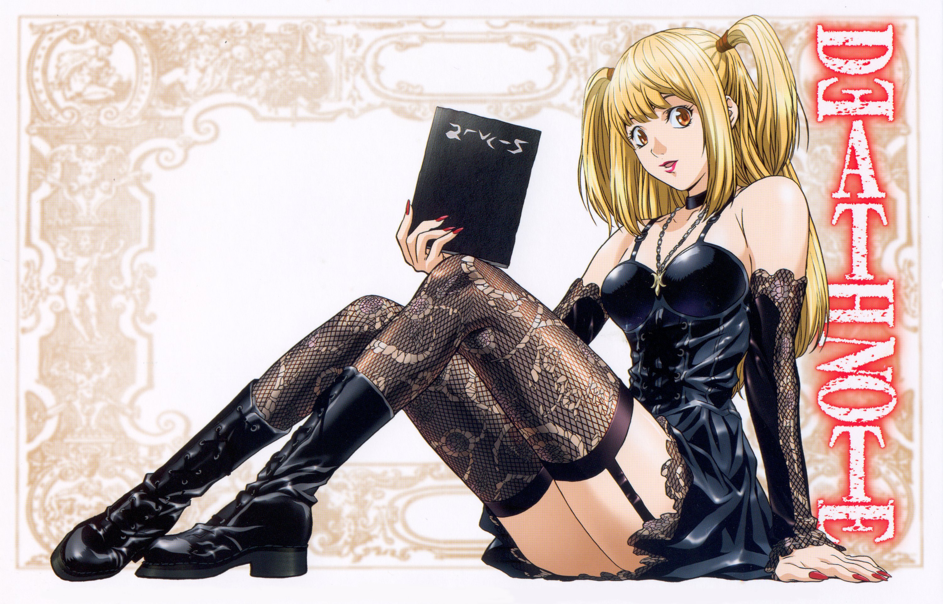 obata takeshi, amane misa, gonzo, death note, highres, non-web source, official art, scan, 00s, 1girl, arm support, bare shoulders, black boots, black thighhighs, blonde hair, boots, choker, copyright name, death note (object), detached sleeves, female focus, fingernails, garter belt, garter straps, gloves, goth fashion, legs, lipstick, long hair, looking at viewer, makeup, mall goth, nail polish, orange eyes, red nails, sitting, solo, thighhighs, two side up