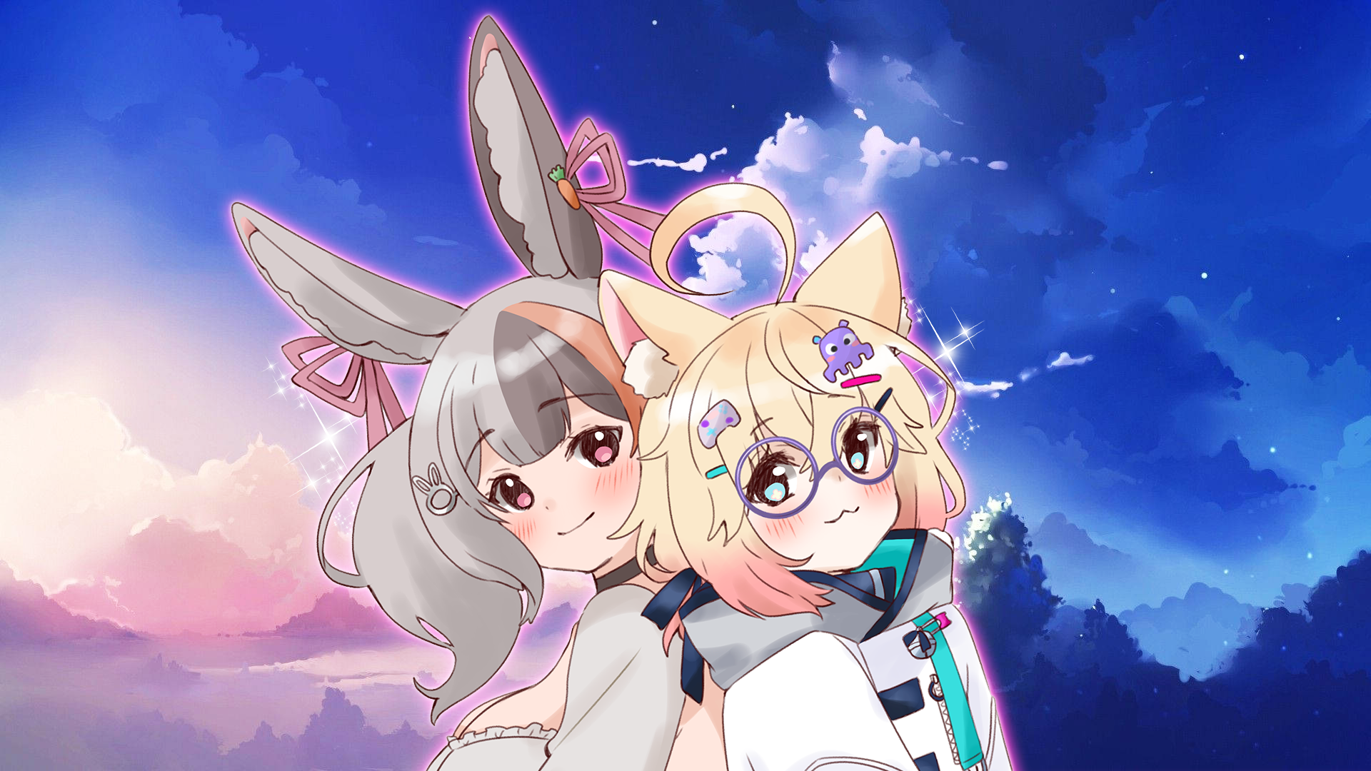 hunii, minikomew, indie virtual youtuber, artist request, commentary, english commentary, highres, second-party source, 2girls, :3, ahoge, animal ear fluff, animal ears, aqua eyes, black choker, blonde hair, blush, bow, breasts, cat ears, cat girl, choker, cleavage, closed mouth, cloud, controller hair ornament, ear ribbon, eyelashes, glasses, grey hair, hood, hood down, hooded jacket, jacket, multicolored hair, multiple girls, orange hair, outdoors, pink eyes, pink ribbon, purple-framed eyewear, rabbit ears, rabbit girl, ribbon, round eyewear, second-party edit, short hair, sky, smile, sparkle, twintails, virtual youtuber, white jacket