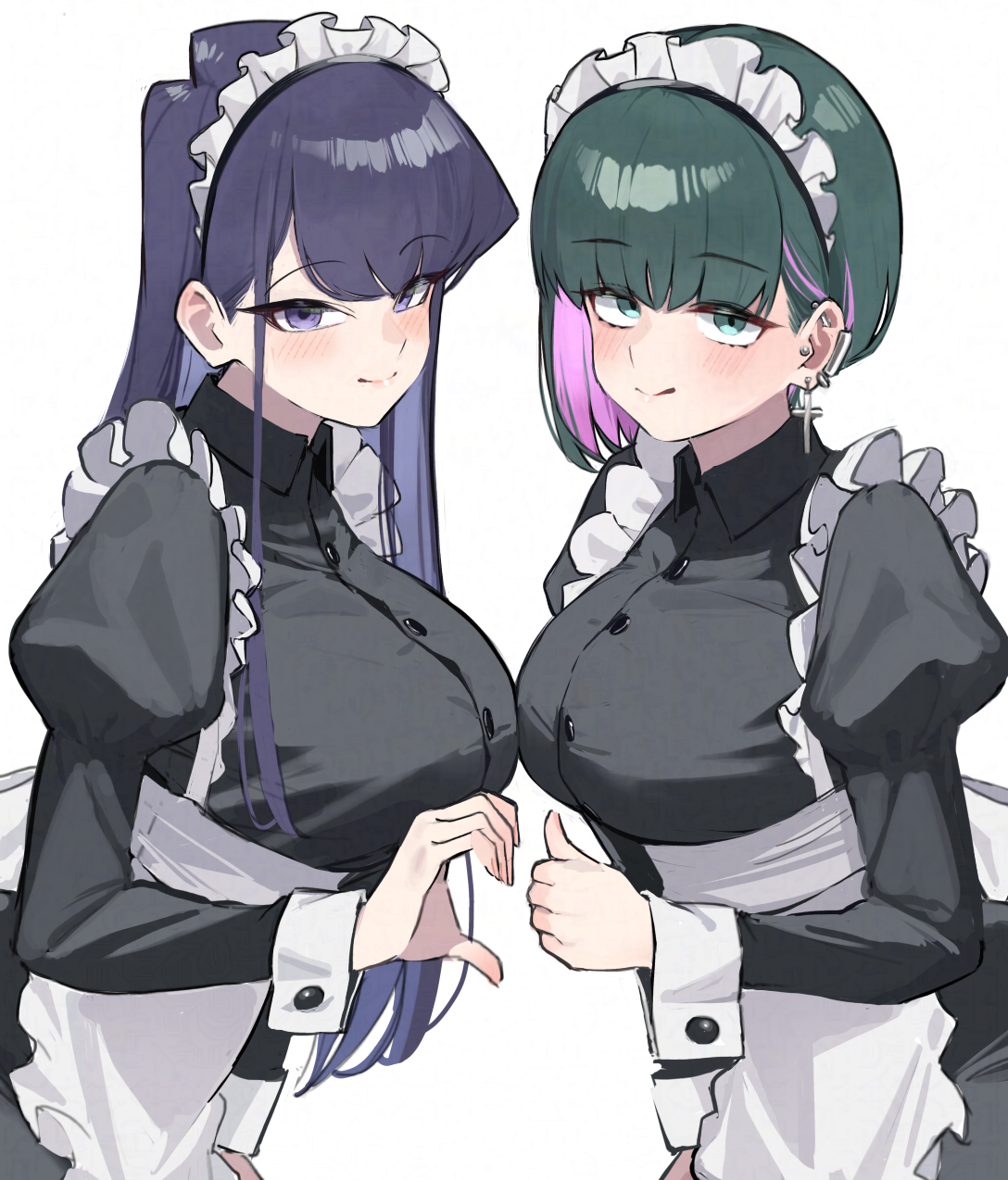 ayatak0517, komi shouko, shiina muzuka, komi-san wa komyushou desu, highres, 2girls, apron, asymmetrical hair, black dress, black hair, breasts, closed mouth, collared dress, colored inner hair, cross, cross earrings, dress, ear piercing, earrings, frilled apron, frills, green eyes, green hair, hair behind ear, heart hands failure, jewelry, juliet sleeves, large breasts, long hair, long sleeves, looking at viewer, maid, maid apron, maid headdress, multicolored hair, multiple girls, piercing, pink hair, puffy sleeves, purple eyes, simple background, smile, thumbs up, two-tone hair, upper body, waist apron, white apron, white background